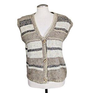 Vintage Sweater Vest Womens Large Beige Wool Blend Faux Horn Toggle Grandmacore